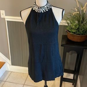 Sparkly black sleeveless top with clear crystal stone neck